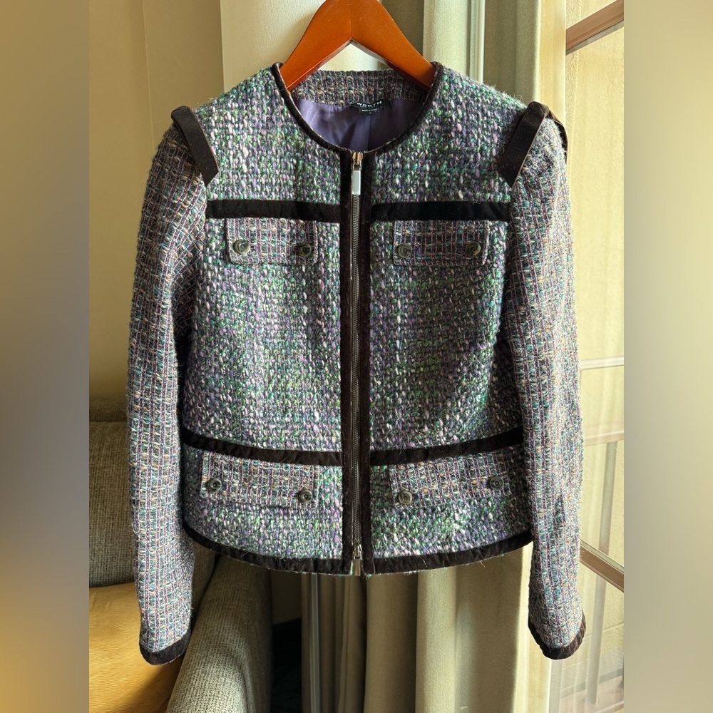 $698 Worth NYC Amethyst Tweed Velvet Ribbon Trim Pocket Wool Blend Jacket Size 8
